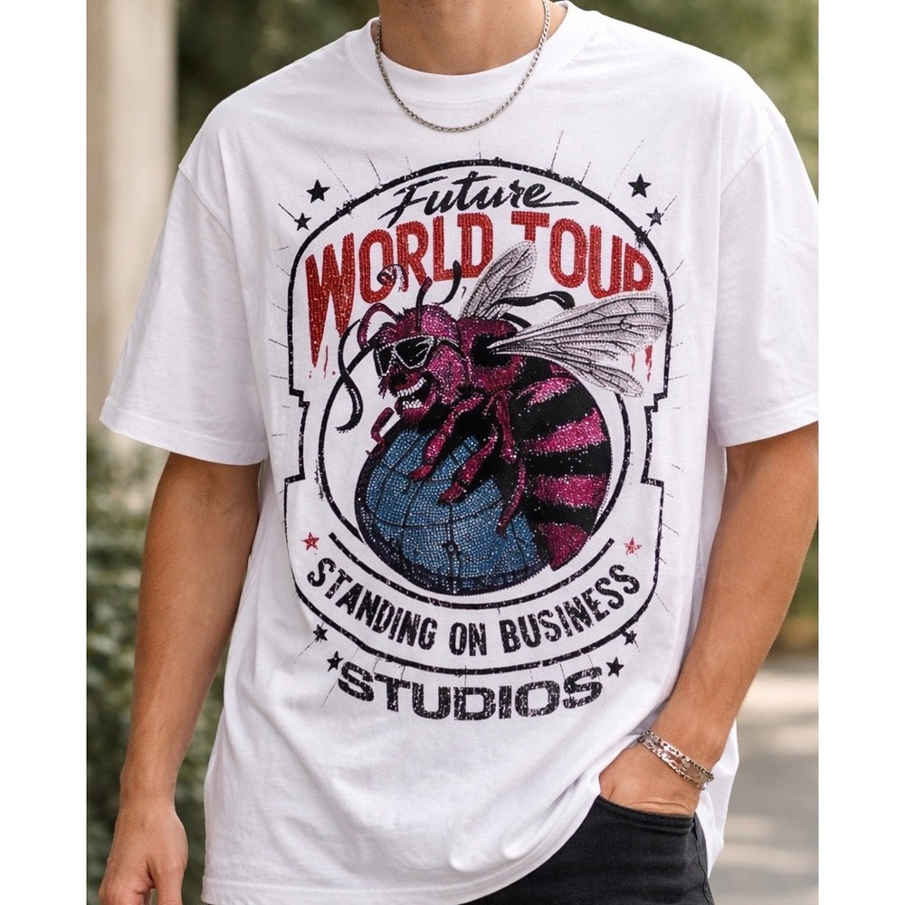NWT Sparkling Mens White Rhinestone Bee Future World Tour Graphic‎ T-Shirt L
